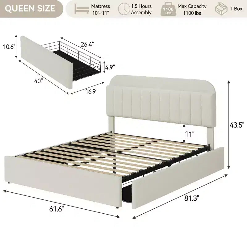Cadre de lit Queen Size avec tête de lit de rangement et 2 tiroirs, cadre de lit plateforme rembourré en tissu bouclé pour garçons/filles, assemblage facile, pas besoin de sommier tapissier, beige