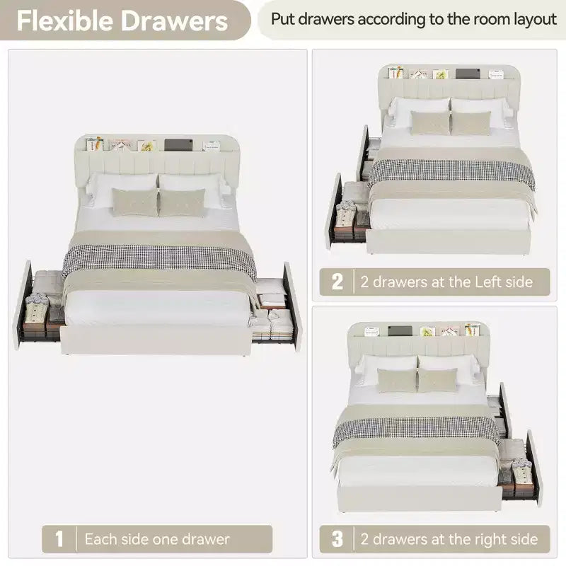 Cadre de lit Queen Size avec tête de lit de rangement et 2 tiroirs, cadre de lit plateforme rembourré en tissu bouclé pour garçons/filles, assemblage facile, pas besoin de sommier tapissier, beige