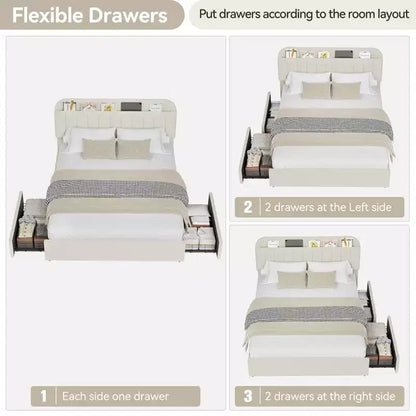Cadre de lit Queen Size avec tête de lit de rangement et 2 tiroirs, cadre de lit plateforme rembourré en tissu bouclé pour garçons/filles, assemblage facile, pas besoin de sommier tapissier, beige