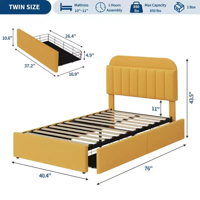 Cadre de lit Queen Size avec tête de lit de rangement et 2 tiroirs, cadre de lit plateforme rembourré en tissu bouclé pour garçons/filles, assemblage facile, pas besoin de sommier tapissier, beige