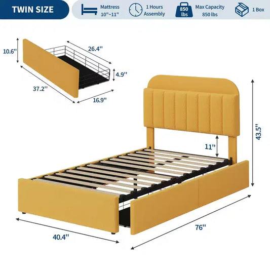 Cadre de lit Queen Size avec tête de lit de rangement et 2 tiroirs, cadre de lit plateforme rembourré en tissu bouclé pour garçons/filles, assemblage facile, pas besoin de sommier tapissier, beige