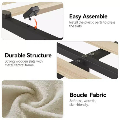 Cadre de lit Queen Size avec tête de lit de rangement et 2 tiroirs, cadre de lit plateforme rembourré en tissu bouclé pour garçons/filles, assemblage facile, pas besoin de sommier tapissier, beige