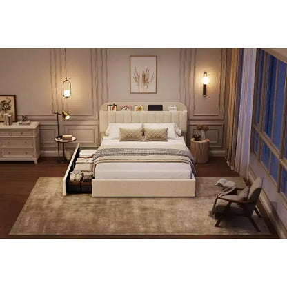 Cadre de lit Queen Size avec tête de lit de rangement et 2 tiroirs, cadre de lit plateforme rembourré en tissu bouclé pour garçons/filles, assemblage facile, pas besoin de sommier tapissier, beige