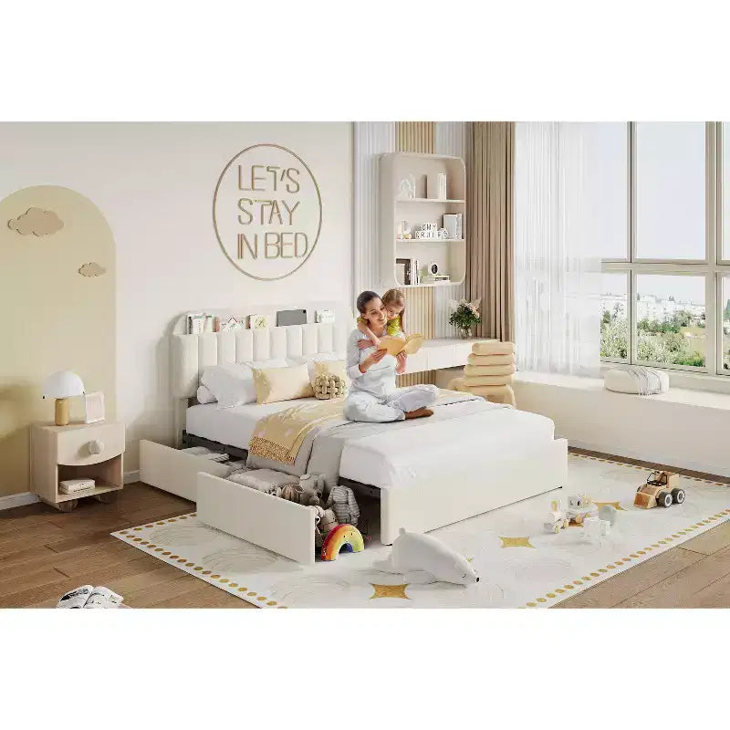 Cadre de lit Queen Size avec tête de lit de rangement et 2 tiroirs, cadre de lit plateforme rembourré en tissu bouclé pour garçons/filles, assemblage facile, pas besoin de sommier tapissier, beige