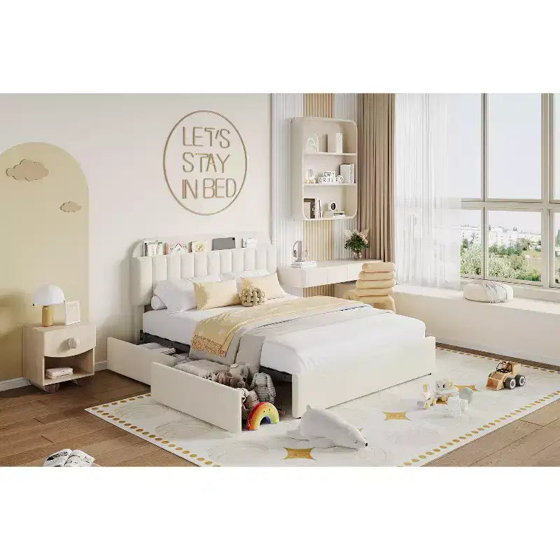 Cadre de lit Queen Size avec tête de lit de rangement et 2 tiroirs, cadre de lit plateforme rembourré en tissu bouclé pour garçons/filles, assemblage facile, pas besoin de sommier tapissier, beige