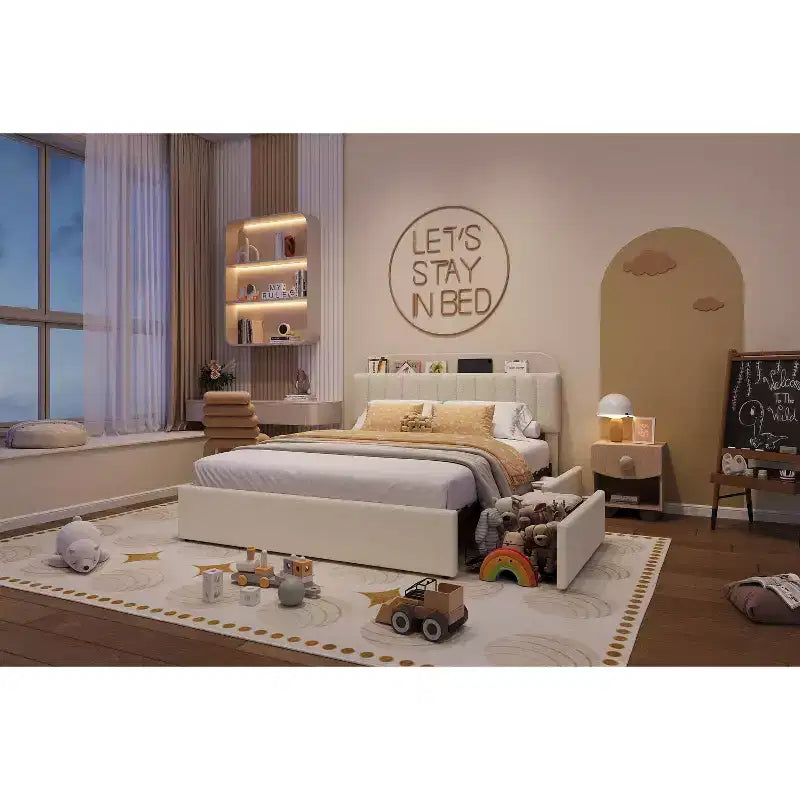 Cadre de lit Queen Size avec tête de lit de rangement et 2 tiroirs, cadre de lit plateforme rembourré en tissu bouclé pour garçons/filles, assemblage facile, pas besoin de sommier tapissier, beige