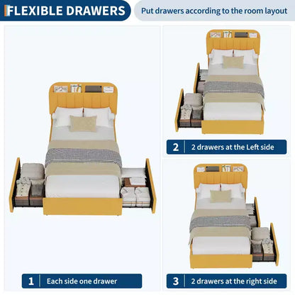 Cadre de lit Queen Size avec tête de lit de rangement et 2 tiroirs, cadre de lit plateforme rembourré en tissu bouclé pour garçons/filles, assemblage facile, pas besoin de sommier tapissier, beige