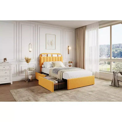 Cadre de lit Queen Size avec tête de lit de rangement et 2 tiroirs, cadre de lit plateforme rembourré en tissu bouclé pour garçons/filles, assemblage facile, pas besoin de sommier tapissier, beige