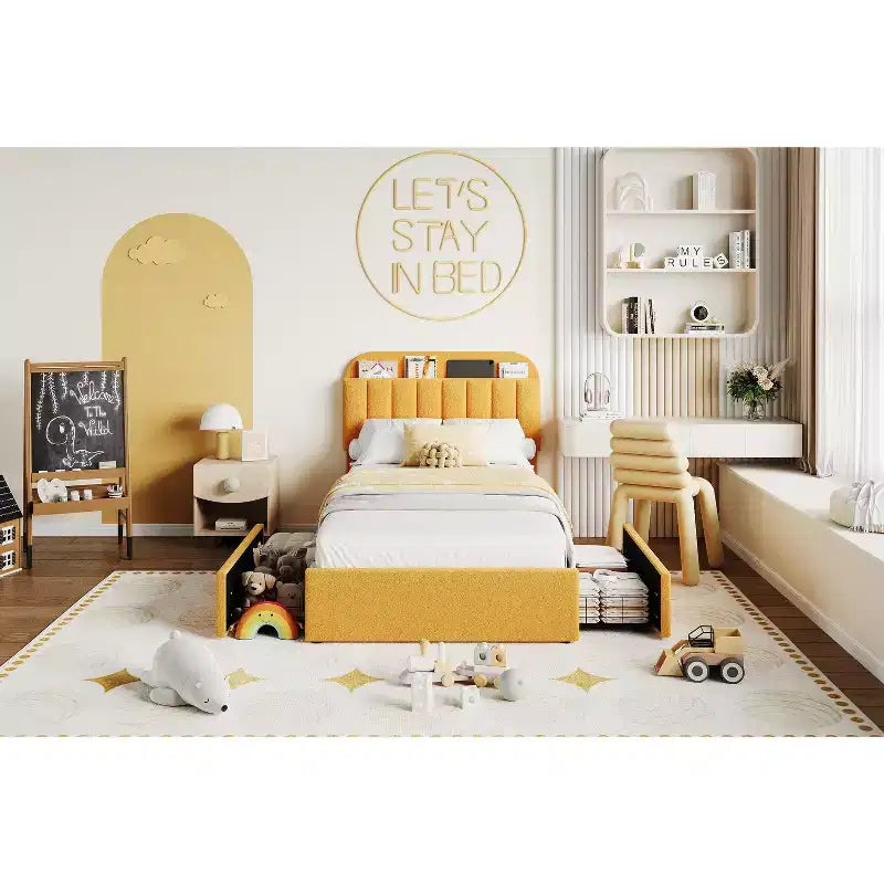 Cadre de lit Queen Size avec tête de lit de rangement et 2 tiroirs, cadre de lit plateforme rembourré en tissu bouclé pour garçons/filles, assemblage facile, pas besoin de sommier tapissier, beige