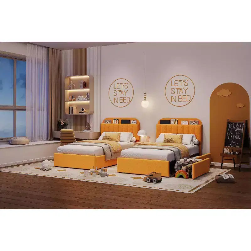 Cadre de lit Queen Size avec tête de lit de rangement et 2 tiroirs, cadre de lit plateforme rembourré en tissu bouclé pour garçons/filles, assemblage facile, pas besoin de sommier tapissier, beige
