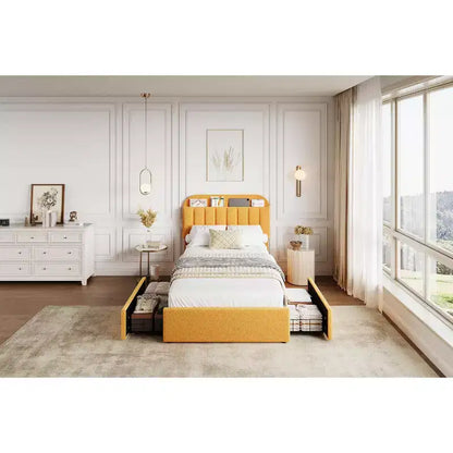 Cadre de lit Queen Size avec tête de lit de rangement et 2 tiroirs, cadre de lit plateforme rembourré en tissu bouclé pour garçons/filles, assemblage facile, pas besoin de sommier tapissier, beige