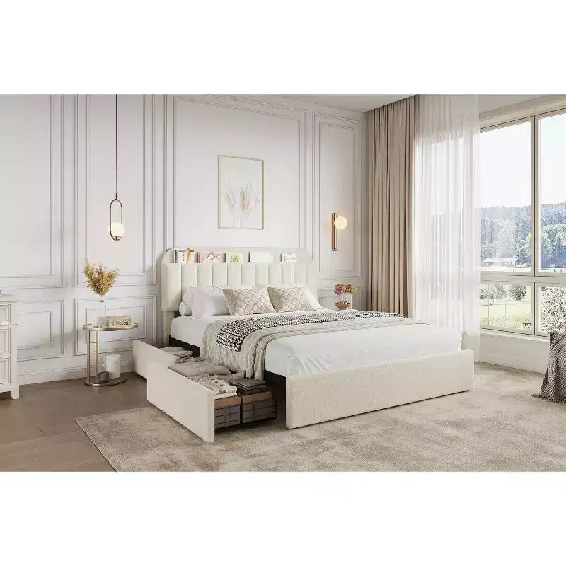 Cadre de lit Queen Size avec tête de lit de rangement et 2 tiroirs, cadre de lit plateforme rembourré en tissu bouclé pour garçons/filles, assemblage facile, pas besoin de sommier tapissier, beige