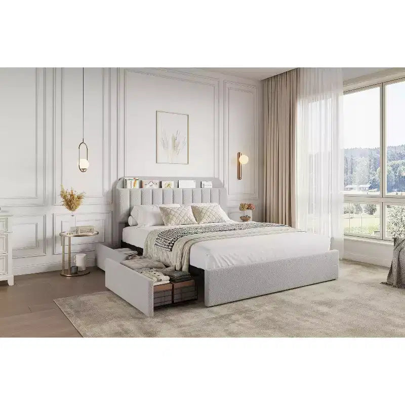 Cadre de lit Queen Size avec tête de lit de rangement et 2 tiroirs, cadre de lit plateforme rembourré en tissu bouclé pour garçons/filles, assemblage facile, pas besoin de sommier tapissier, beige