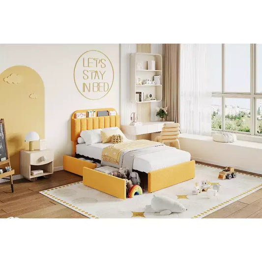 Queen Bed Frame, with Storage Headboard & 2 Drawers, Boucle Upholstered Platform Bed Frame for Boys/Girls,Easy Assembly, No Box Spring Needed, Beige