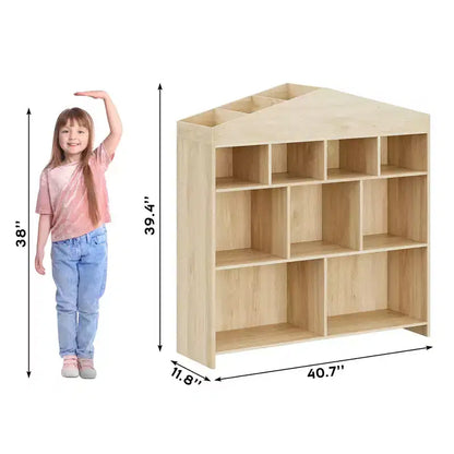 Acekool Meuble de Rangement pour Jouets, Étagère à Livres pour Enfants à 9 Cubes, Bibliothèque et Meuble de Rangement en Forme de Toit, Étagère de Rangement pour Salle de Jeux, Chambre d'Enfant