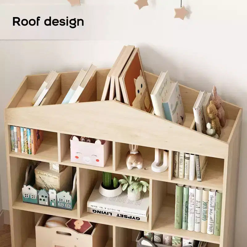 Acekool Meuble de Rangement pour Jouets, Étagère à Livres pour Enfants à 9 Cubes, Bibliothèque et Meuble de Rangement en Forme de Toit, Étagère de Rangement pour Salle de Jeux, Chambre d'Enfant