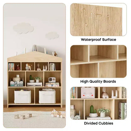 Acekool Meuble de Rangement pour Jouets, Étagère à Livres pour Enfants à 9 Cubes, Bibliothèque et Meuble de Rangement en Forme de Toit, Étagère de Rangement pour Salle de Jeux, Chambre d'Enfant