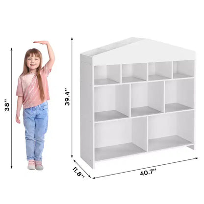 Acekool Meuble de Rangement pour Jouets, Étagère à Livres pour Enfants à 9 Cubes, Bibliothèque et Meuble de Rangement en Forme de Toit, Étagère de Rangement pour Salle de Jeux, Chambre d'Enfant