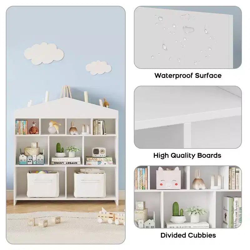 Acekool Meuble de Rangement pour Jouets, Étagère à Livres pour Enfants à 9 Cubes, Bibliothèque et Meuble de Rangement en Forme de Toit, Étagère de Rangement pour Salle de Jeux, Chambre d'Enfant