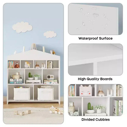 Acekool Meuble de Rangement pour Jouets, Étagère à Livres pour Enfants à 9 Cubes, Bibliothèque et Meuble de Rangement en Forme de Toit, Étagère de Rangement pour Salle de Jeux, Chambre d'Enfant