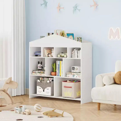 Acekool Meuble de Rangement pour Jouets, Étagère à Livres pour Enfants à 9 Cubes, Bibliothèque et Meuble de Rangement en Forme de Toit, Étagère de Rangement pour Salle de Jeux, Chambre d'Enfant