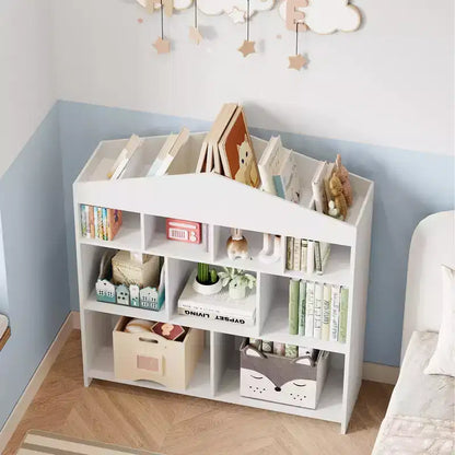 Acekool Meuble de Rangement pour Jouets, Étagère à Livres pour Enfants à 9 Cubes, Bibliothèque et Meuble de Rangement en Forme de Toit, Étagère de Rangement pour Salle de Jeux, Chambre d'Enfant