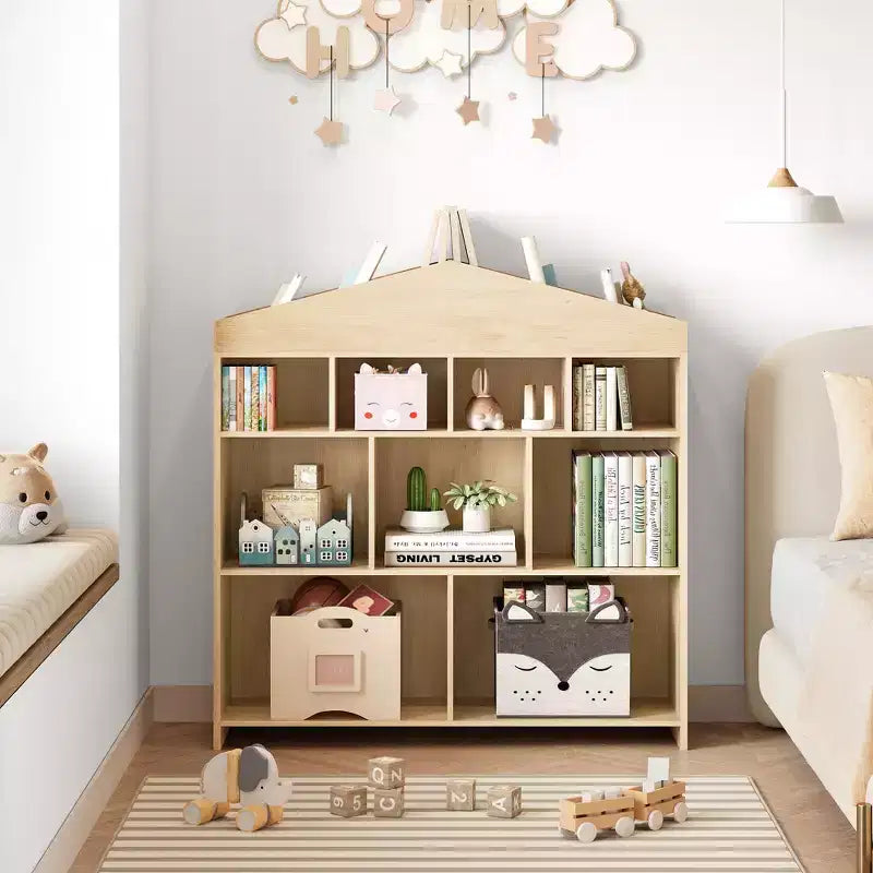 Acekool Meuble de Rangement pour Jouets, Étagère à Livres pour Enfants à 9 Cubes, Bibliothèque et Meuble de Rangement en Forme de Toit, Étagère de Rangement pour Salle de Jeux, Chambre d'Enfant