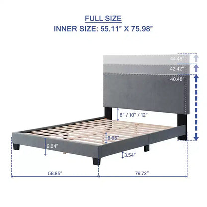Cadre de lit de chambre principale Okak Queen/Full avec tête de lit capitonnée et garniture cloutée, lit plateforme moderne sans sommier tapissier requis