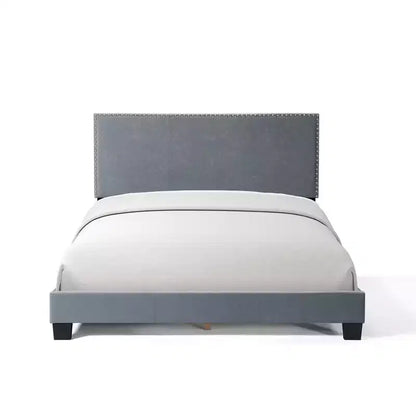 Cadre de lit de chambre principale Okak Queen/Full avec tête de lit capitonnée et garniture cloutée, lit plateforme moderne sans sommier tapissier requis