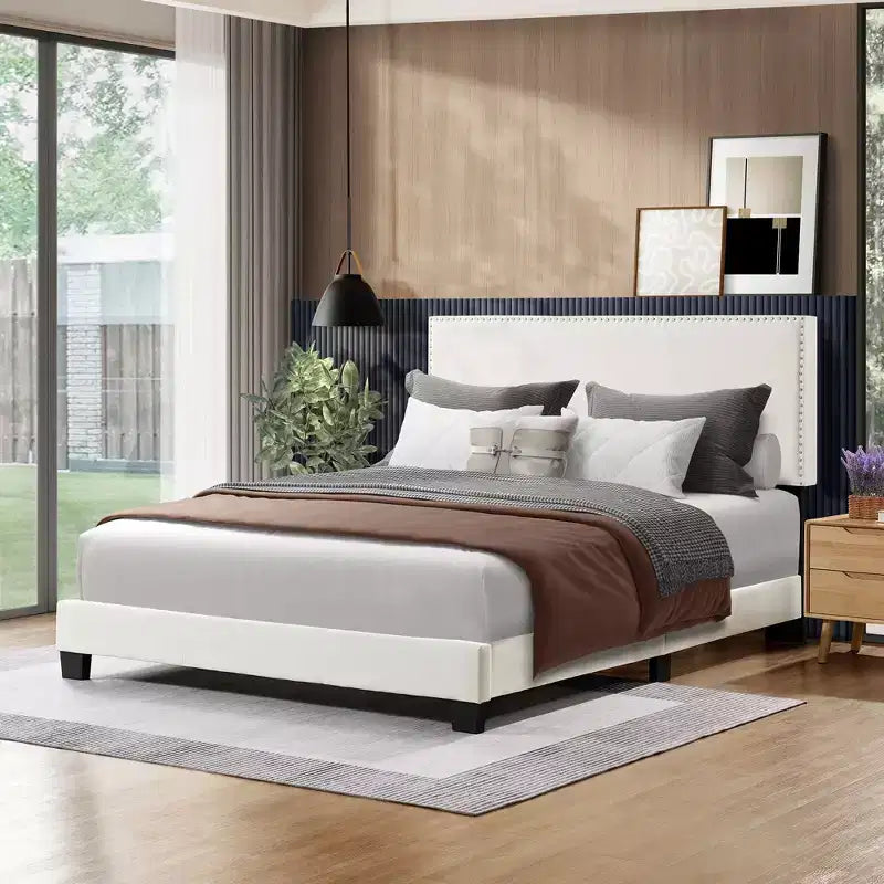 Okak Queen/Full Primary Bedroom Bed Frame with Upholstered Headboard & Nailhead Trim,Modern Platform Bed No Box Spring Needed