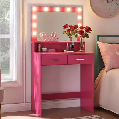 Coiffeuse élégante Okak avec grand miroir, petite coiffeuse avec 2 tiroirs et étagère, coiffeuse compacte pour chambre, salon, studio