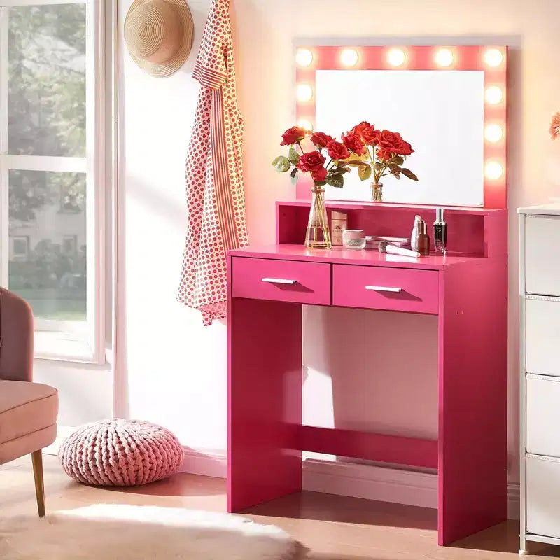 Coiffeuse élégante Okak avec grand miroir, petite coiffeuse avec 2 tiroirs et étagère, coiffeuse compacte pour chambre, salon, studio