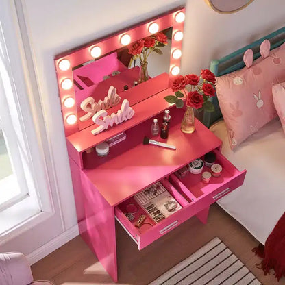 Coiffeuse élégante Okak avec grand miroir, petite coiffeuse avec 2 tiroirs et étagère, coiffeuse compacte pour chambre, salon, studio