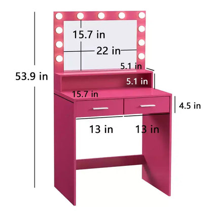 Coiffeuse élégante Okak avec grand miroir, petite coiffeuse avec 2 tiroirs et étagère, coiffeuse compacte pour chambre, salon, studio