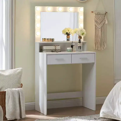 Coiffeuse élégante Okak avec grand miroir, petite coiffeuse avec 2 tiroirs et étagère, coiffeuse compacte pour chambre, salon, studio