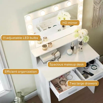 Coiffeuse élégante Okak avec grand miroir, petite coiffeuse avec 2 tiroirs et étagère, coiffeuse compacte pour chambre, salon, studio