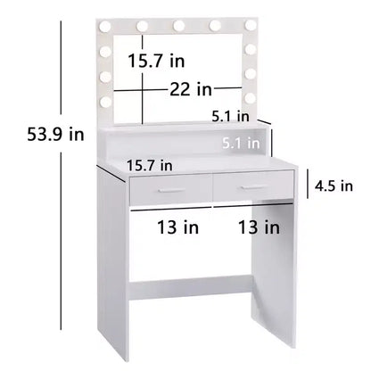 Coiffeuse élégante Okak avec grand miroir, petite coiffeuse avec 2 tiroirs et étagère, coiffeuse compacte pour chambre, salon, studio