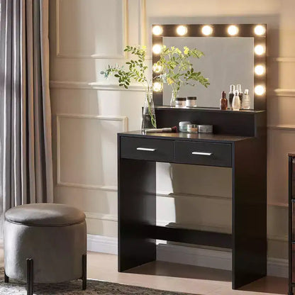 Coiffeuse élégante Okak avec grand miroir, petite coiffeuse avec 2 tiroirs et étagère, coiffeuse compacte pour chambre, salon, studio