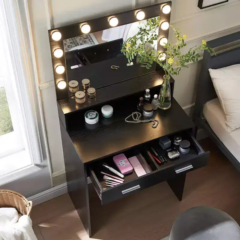 Coiffeuse élégante Okak avec grand miroir, petite coiffeuse avec 2 tiroirs et étagère, coiffeuse compacte pour chambre, salon, studio