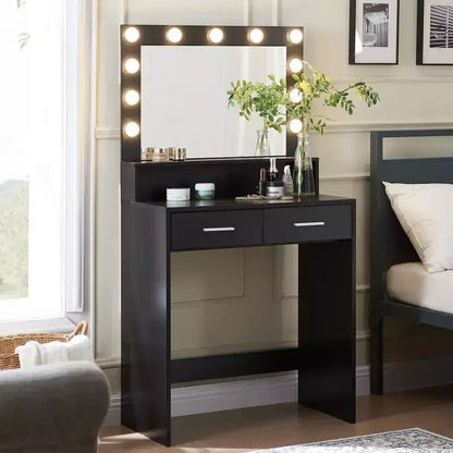 Coiffeuse élégante Okak avec grand miroir, petite coiffeuse avec 2 tiroirs et étagère, coiffeuse compacte pour chambre, salon, studio