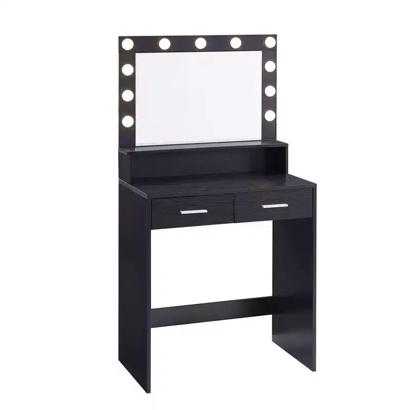 Coiffeuse élégante Okak avec grand miroir, petite coiffeuse avec 2 tiroirs et étagère, coiffeuse compacte pour chambre, salon, studio
