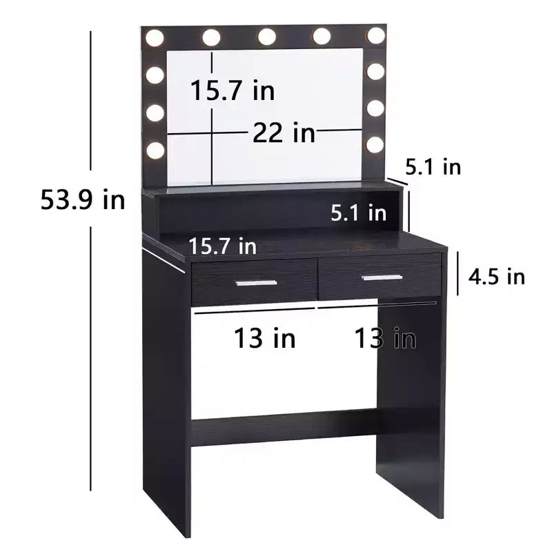 Coiffeuse élégante Okak avec grand miroir, petite coiffeuse avec 2 tiroirs et étagère, coiffeuse compacte pour chambre, salon, studio