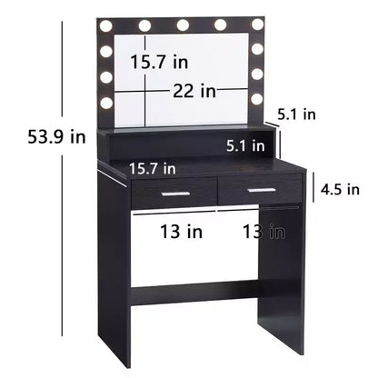 Coiffeuse élégante Okak avec grand miroir, petite coiffeuse avec 2 tiroirs et étagère, coiffeuse compacte pour chambre, salon, studio