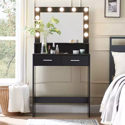 Coiffeuse élégante Okak avec grand miroir, petite coiffeuse avec 2 tiroirs et étagère, coiffeuse compacte pour chambre, salon, studio