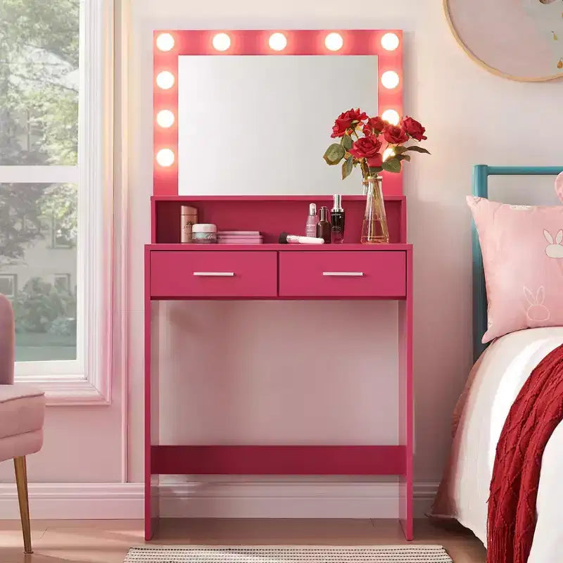 Coiffeuse élégante Okak avec grand miroir, petite coiffeuse avec 2 tiroirs et étagère, coiffeuse compacte pour chambre, salon, studio