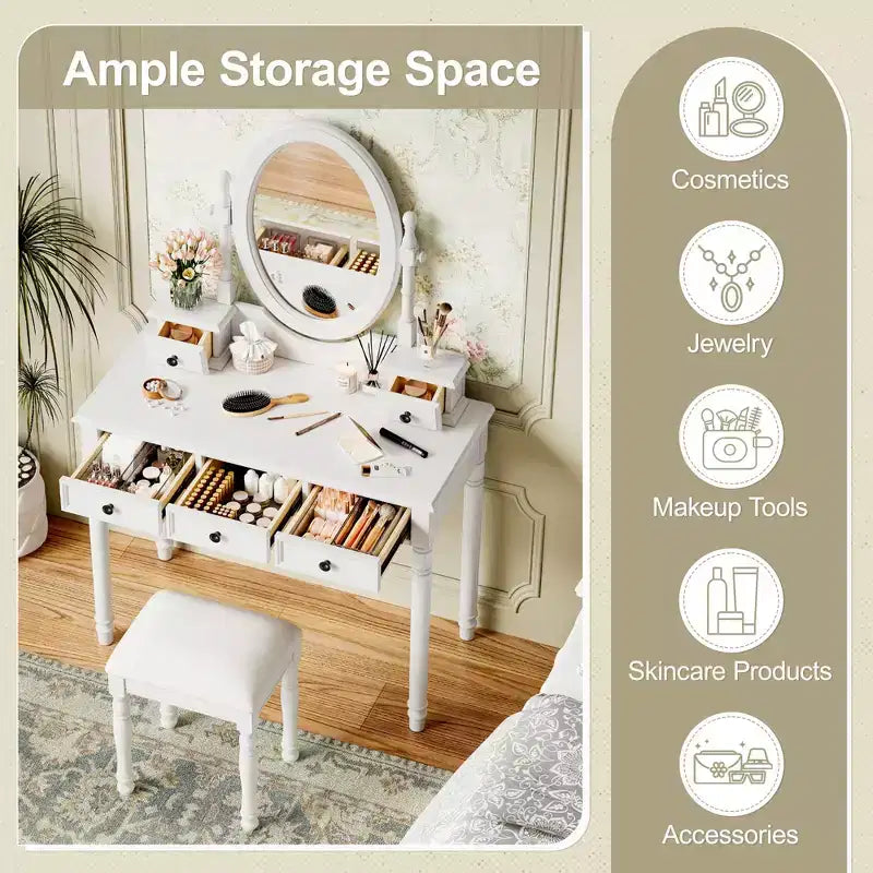 Coiffeuse vintage en bois Okak avec miroir inclinable, coiffeuse avec 5 tiroirs et tabouret rembourré, coiffeuse pour chambre à coucher
