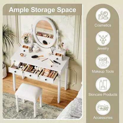 Coiffeuse vintage en bois Okak avec miroir inclinable, coiffeuse avec 5 tiroirs et tabouret rembourré, coiffeuse pour chambre à coucher