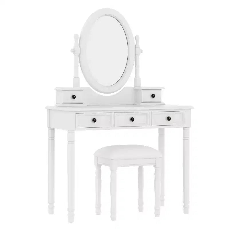 Coiffeuse vintage en bois Okak avec miroir inclinable, coiffeuse avec 5 tiroirs et tabouret rembourré, coiffeuse pour chambre à coucher