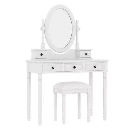 Coiffeuse vintage en bois Okak avec miroir inclinable, coiffeuse avec 5 tiroirs et tabouret rembourré, coiffeuse pour chambre à coucher