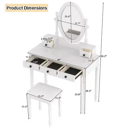 Coiffeuse vintage en bois Okak avec miroir inclinable, coiffeuse avec 5 tiroirs et tabouret rembourré, coiffeuse pour chambre à coucher